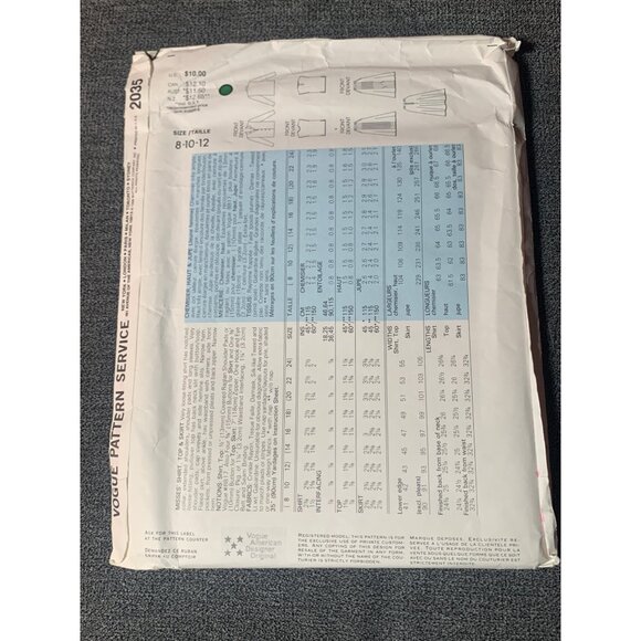 Vogue Career Sewing Pattern 2035 by Tamotsu Shirt Skirt Size 8-12 uncut Vintage - Picture 2 of 2